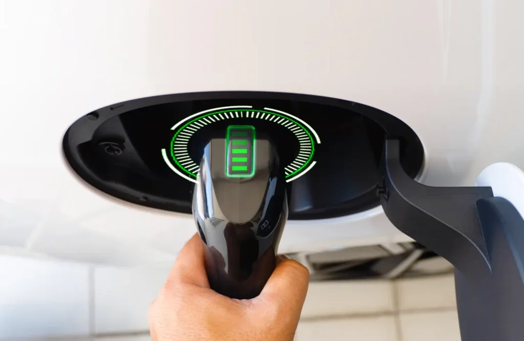 Hand holding an EV charging plug next to a car’s charging port