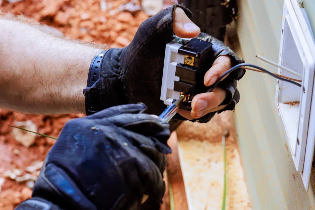 Electrician in work gloves using a screwdriver to repair a wall outlet during electrical repairs in Greenville, SC