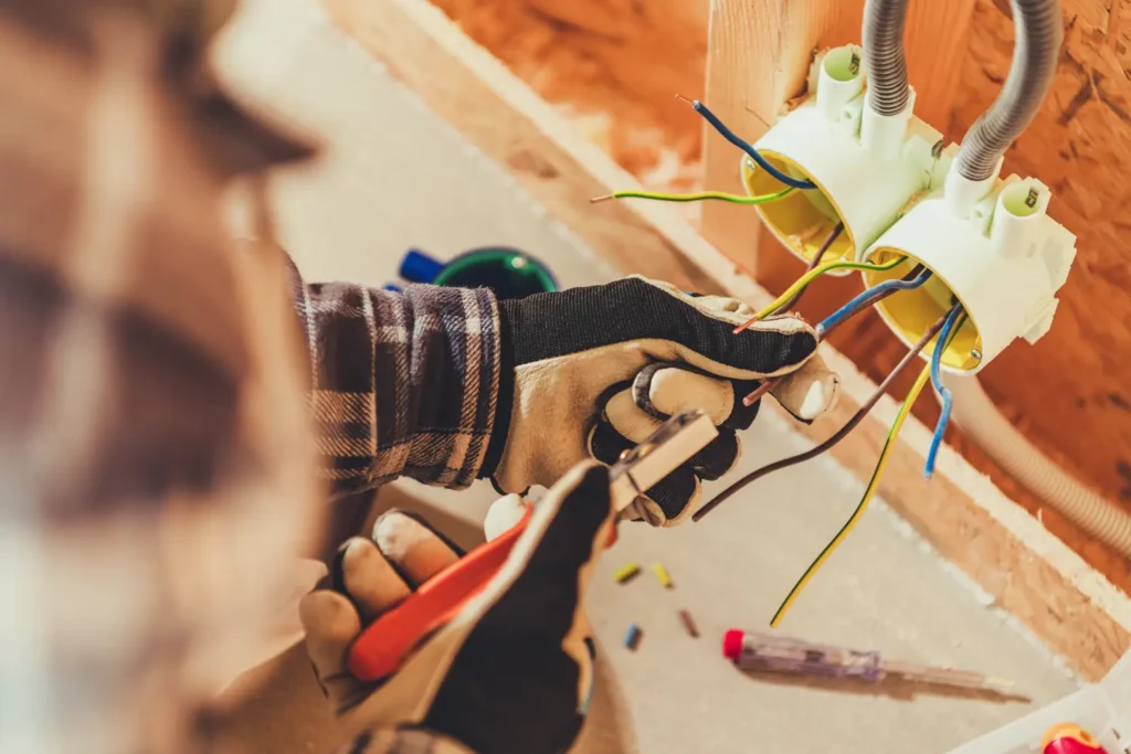 Electrician using pliers to repair wiring at a junction box