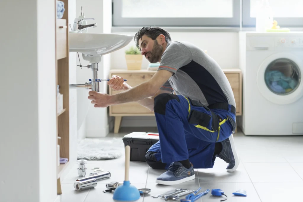 Plumber kneeling beside a bathroom sink with tools laid out, repairing the drain pipe underneath