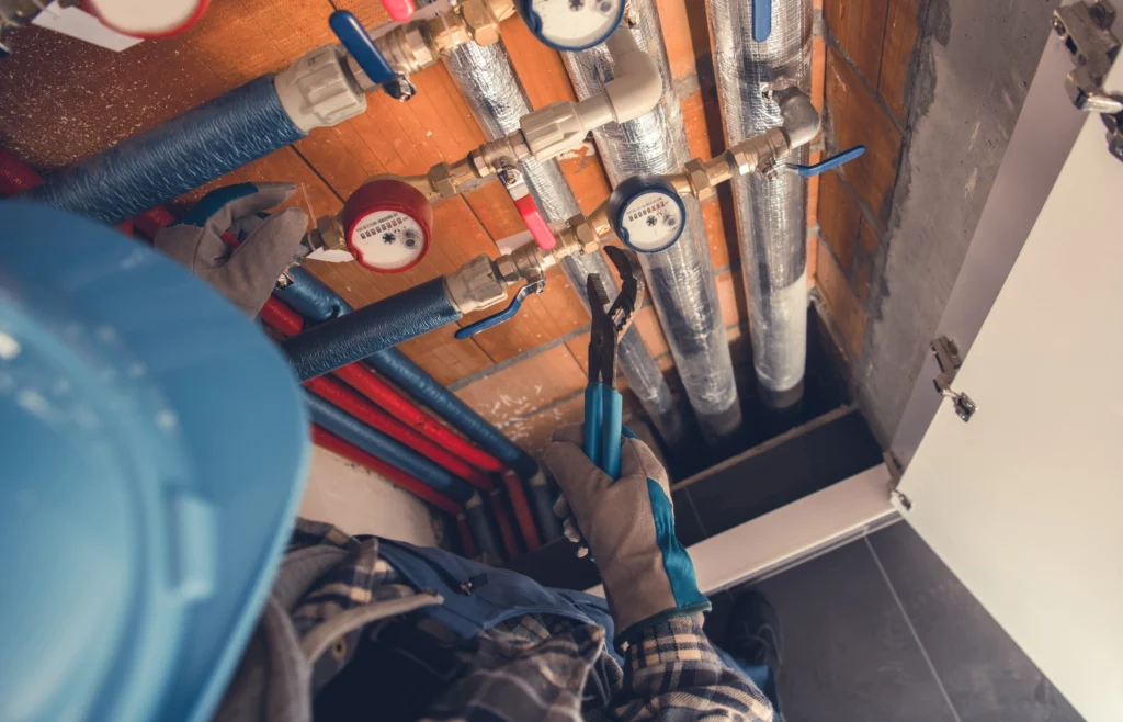 Plumber tightening a water pipe fitting with a wrench during a water pipe repair