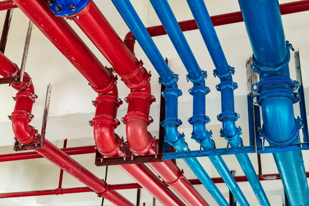 Red hot water and blue cold water supply pipes mounted along a ceiling