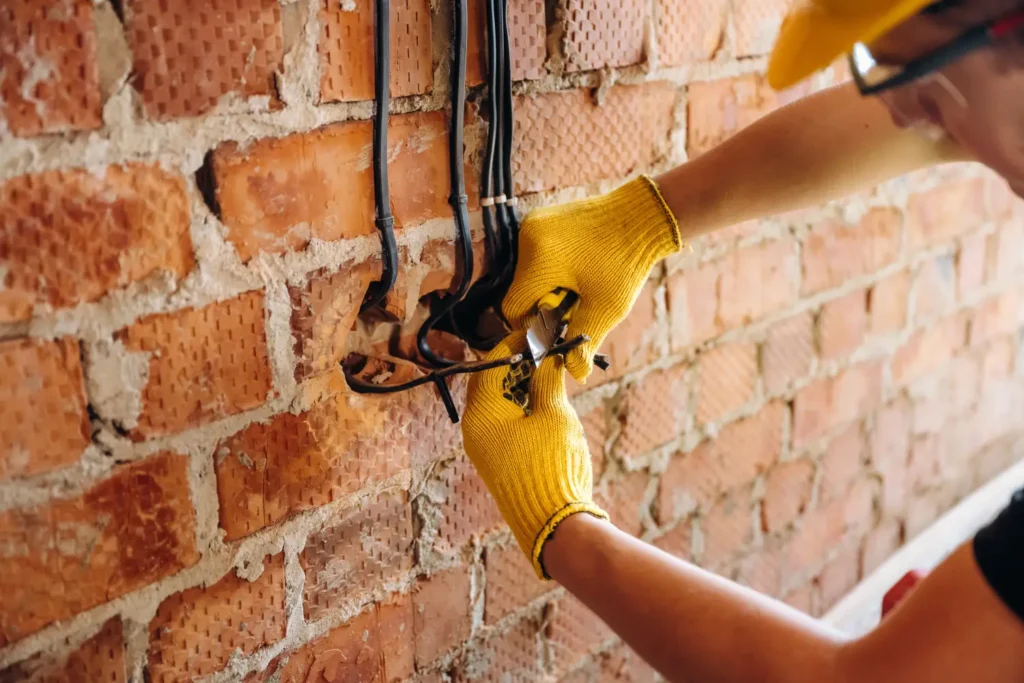 Electrician in a hard hat and gloves doing electrical repairs on wiring