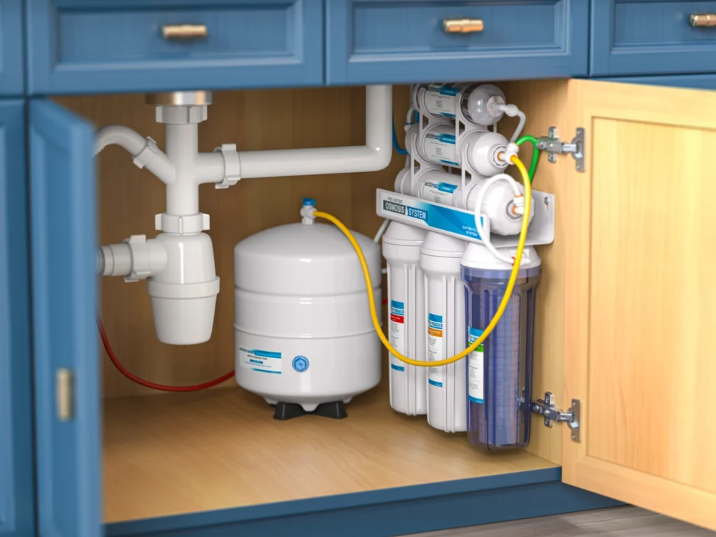 Multi-stage water filtration system with storage tank installed under a kitchen sink